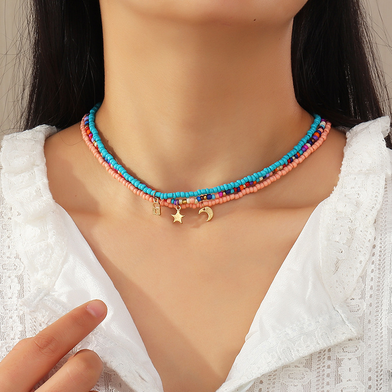 Fashion jewelry small fresh candy color rice bead necklace set alloy star and moon pendant necklace female