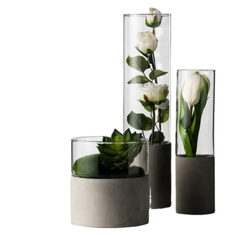 New art design customized size hand made cylinder cement glass vase with wood base for wedding home party decoration