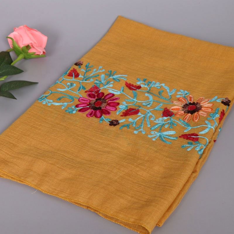 Custom Logo Newest Crinkle Embroidery Cotton Scarf Flower Stoles Embroidered Shawl Malaysia Turkish Pashmina