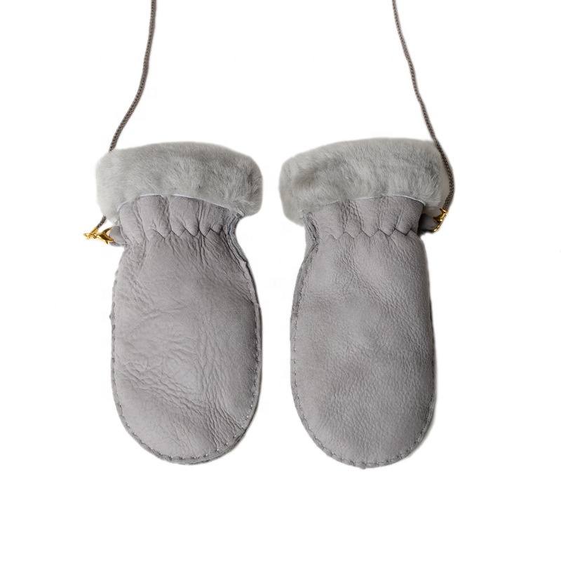 Gloves Boys and girls wool sheep fur integrated children gloves baby gloves neck winter warm lanyard