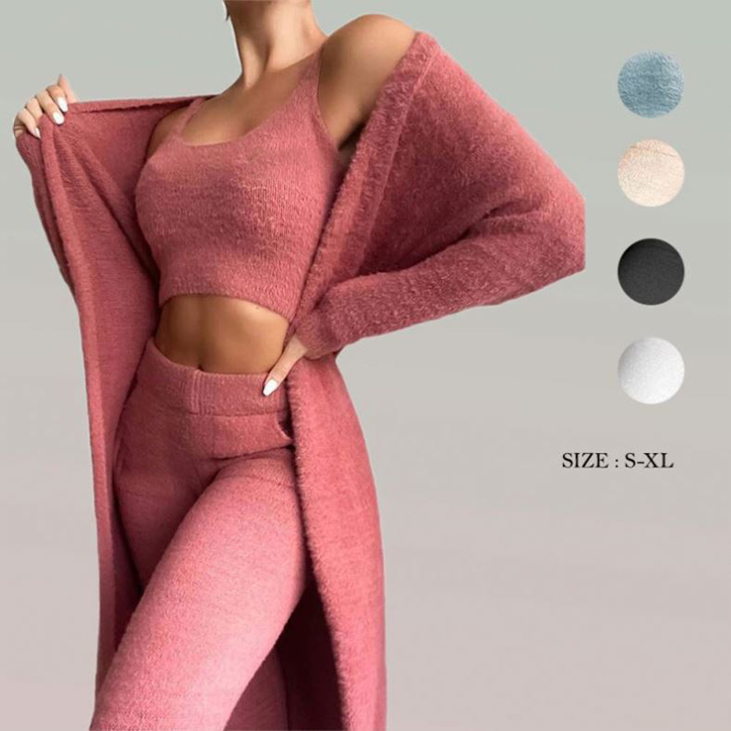 Women Sweater Pajamas Women Sets Cozy Lounge Wear Women's Sleepwear Fuzzy Fleece Sleepwear With Robe 3 Pieces Sleep Wear Set
