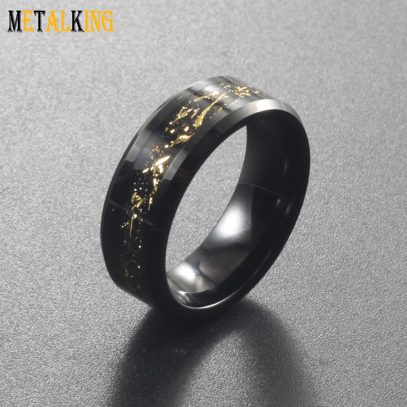 8mm Black Tungsten Carbide Ring Gold Foils and Black Dust Inlay Wedding Band for Men Beveled Edges