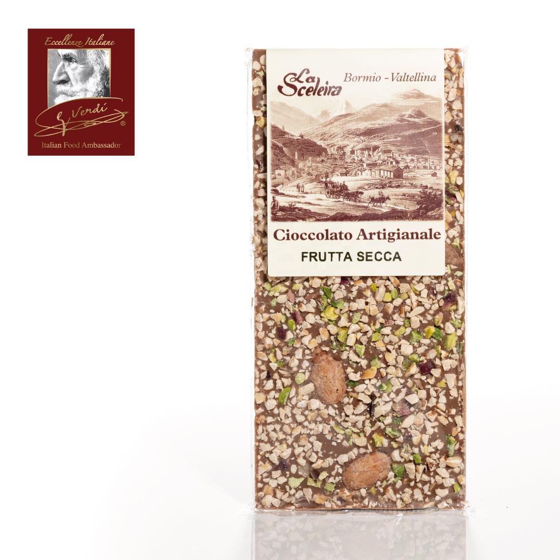 100 g Milk Chocolate Bar with Hazelnuts Almonds Pistachios Giuseppe Verdi Selection Chocolate Bar Made Italy