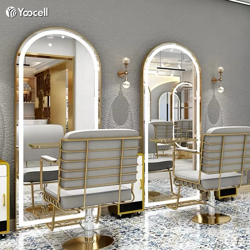 Yoocell best selling high quality salon mirror gold styling station hair salon led light mirror