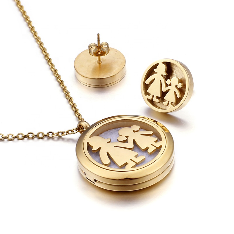 Aromatherapy Essential Oil Diffuser Stainless Steel Gold Couple Girl and Boy Necklace