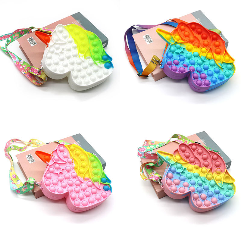 Yzora 2021 new rainbow mini bubble sensory fidgets kids silicone unicorn small crossbody shoulder messenger bag