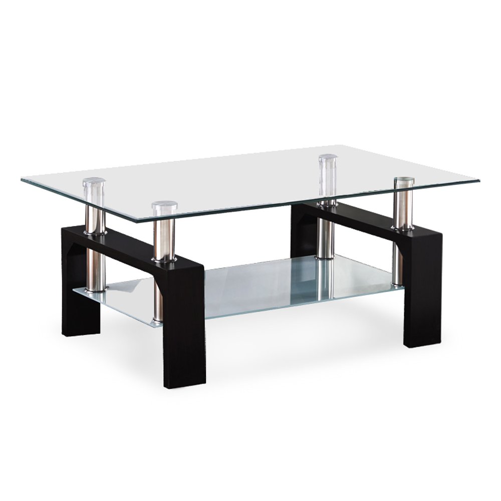 Lower Shelf Black Wooden Legs-Suit for Living Room Rectangle Glass Coffee Table-Modern Side Coffee Table dining Table
