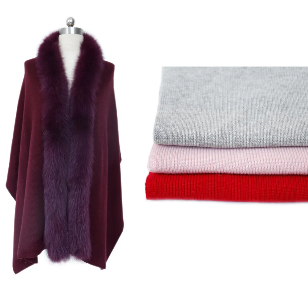 Wholesale customized multiple colors cape shawl winter warm cashmere shawl with fox fur trim