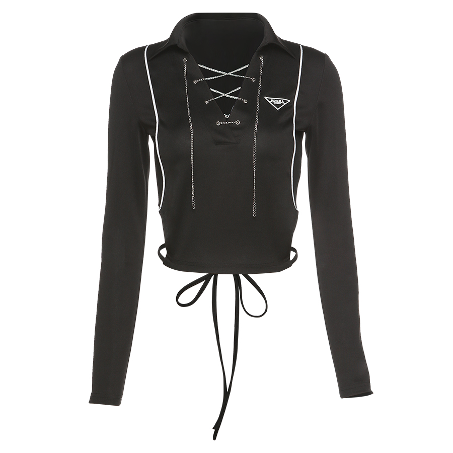 2021 Spring Fashion Y2k Clothing Labeling Long Sleeve Turn Down Collar Female Crop Tops Streetwear Corset Women Tshirts