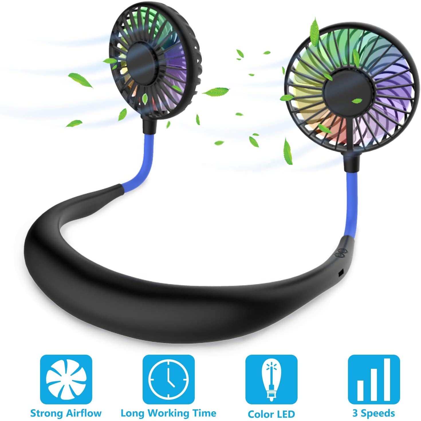 Hands Free Hanging Wearable Small Handheld Double Fan Tank Portable USB Rechargeable Mini Neck Cooling Fan with Battery