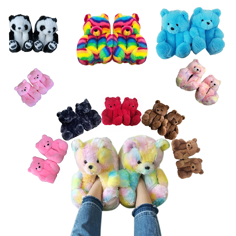 wholesale women rainbow red and pink teddy fur teddy bear slippers toddler teddy bear slippers