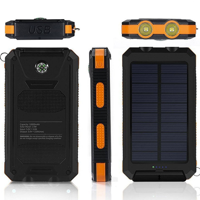 2020 водонепроницаемый IP65 портативный ультра тонкий dual usb power bank с компасом и светодиодной подсветкой солнечное зарядное устройство power bank 10000 мАч