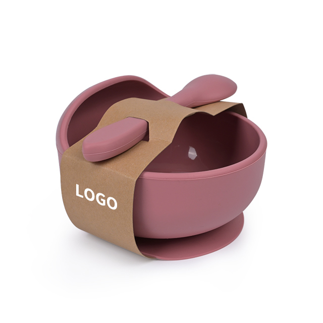 Custom label paper wrap toddler dinnerware silicone baby feeding suction bowl spoon set kid dining bowl dishwasher safe