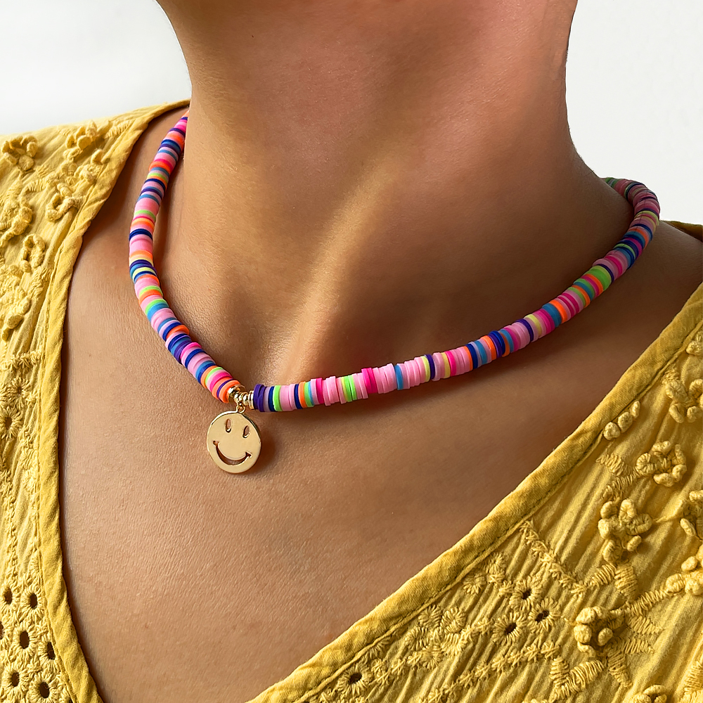 N0379 handmade rainbow polymer clay bead necklace with smiley face pendant colorful soft pottery disc beaded choker necklaces