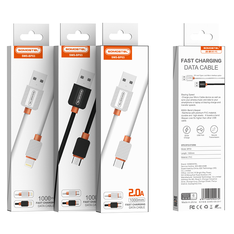 SOMOSTEL -BP03 2.1a Fast charge mobile phone usb Data Cable For Iphone Charger Cable