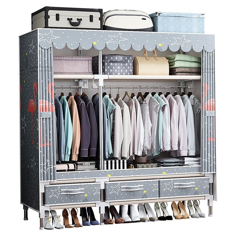 High Quality Two Door Simple MDF Kids 16mm Steel Tubes Fabric Storage Clothes Garderobe Armoire Wardrobes Cabinet Bedroom Home