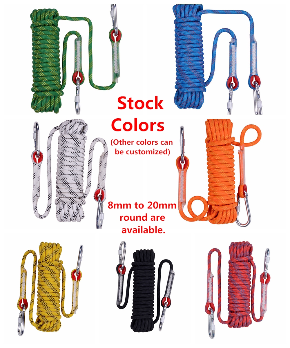 Stock 8mm round x 10m length high stretch climbing rope rescue rope rock climbing rope with hooks end
