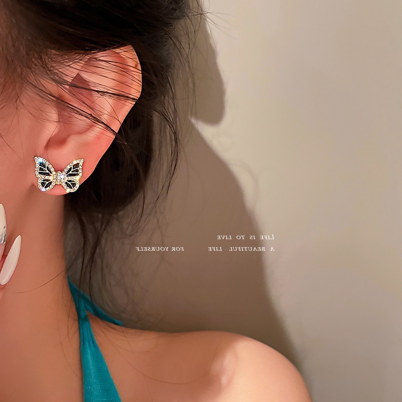 Jewelry 925 silver needle Korean elegant personality inlaid with Diamond Butterfly Earrings net red super fairy temperament