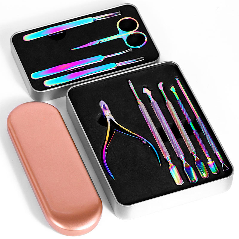 New elbow colorful color titanium straight clip beauty nail tool set nail art stainless steel tweezers