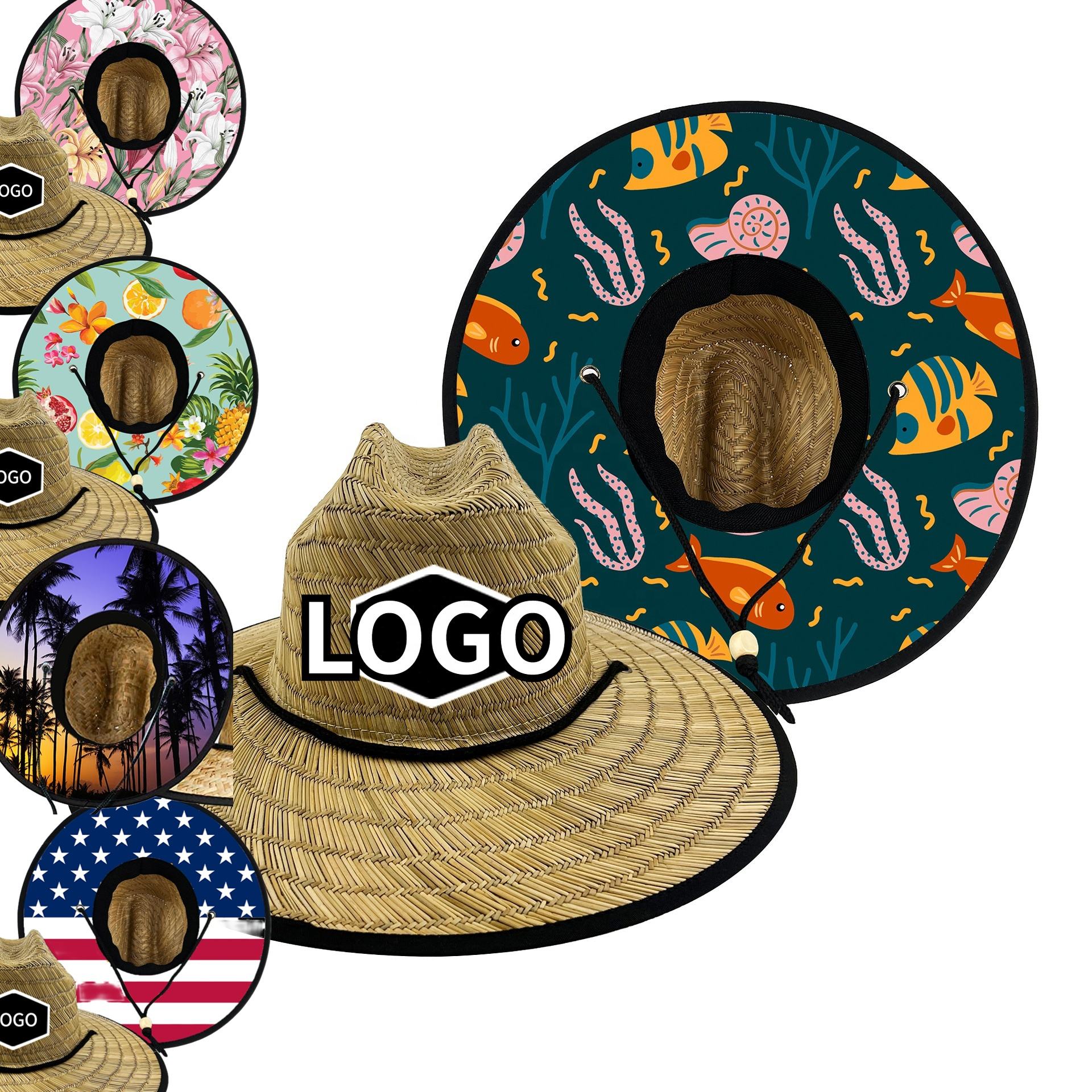 2024 High Quality Natural Straw Cowboy Hat for Unisex Custom Logo Wide Brim Bulk Wholesale Black Color Lifeguard Straw Men Women