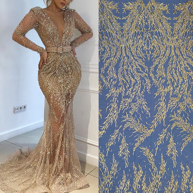 Luxury design soft embroidery beads tulle lace fabric for evening dress 14M MOQ