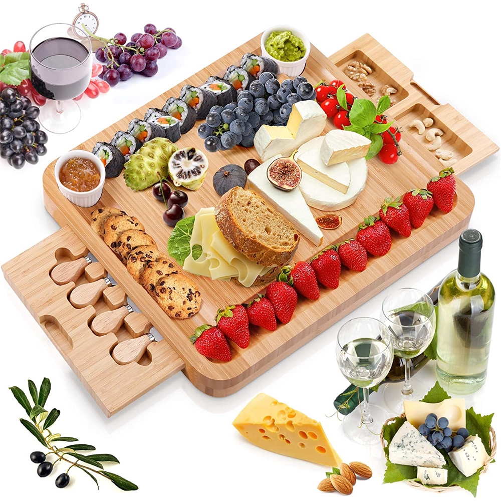 Bamboo Cheese Cutting Board Set With Knife Set And Two Sides Drawers
