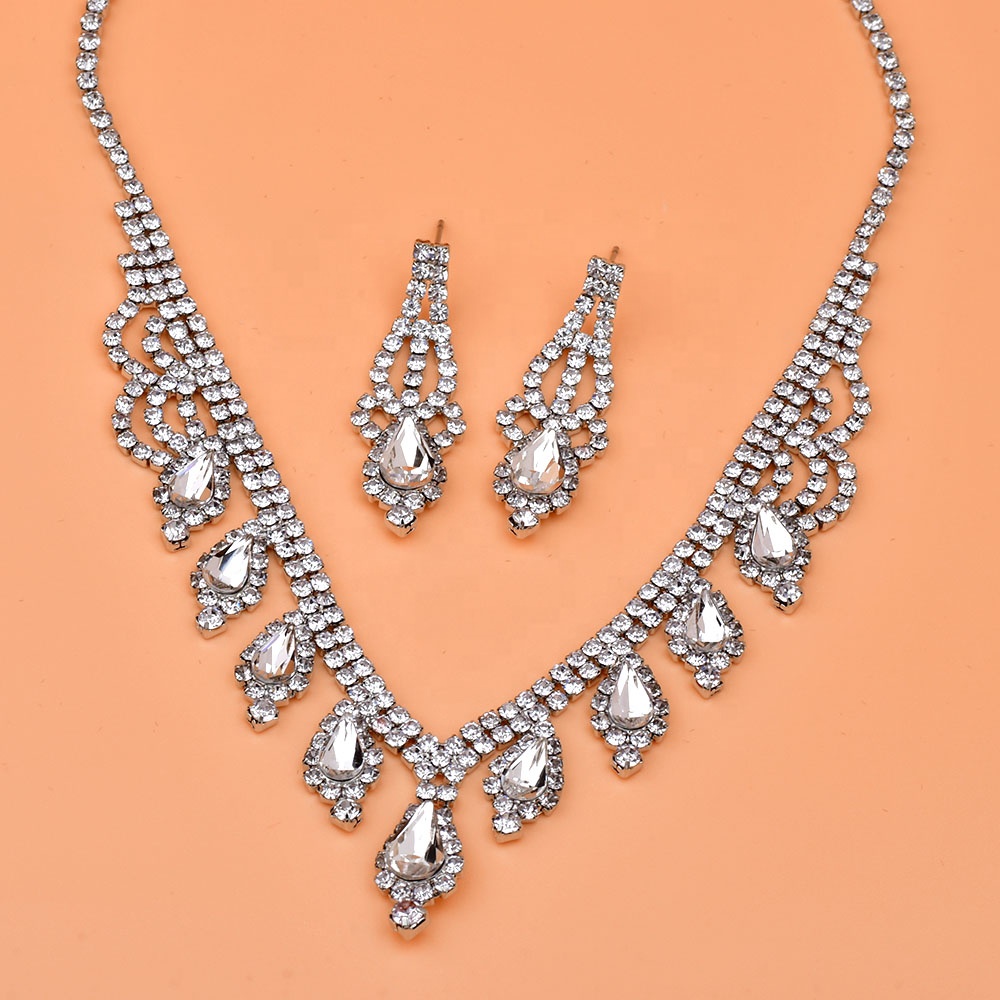 Brand Elegant Rhodium Rhinestone Necklace Earring Jewelry Set Bridal Women