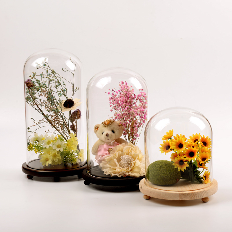 Factory Wholesale Custom Large Bell Glass Cloche Clear Glass Dome house With Wood Base for flower preserved