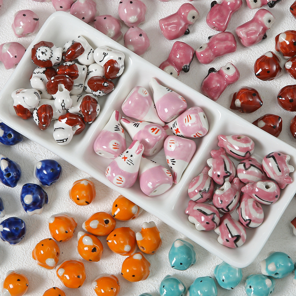 Cute Hand Painted Ceramic Beads Diy Beaded Accessories lion Puffer Rabbit Animal Beads Bracelet