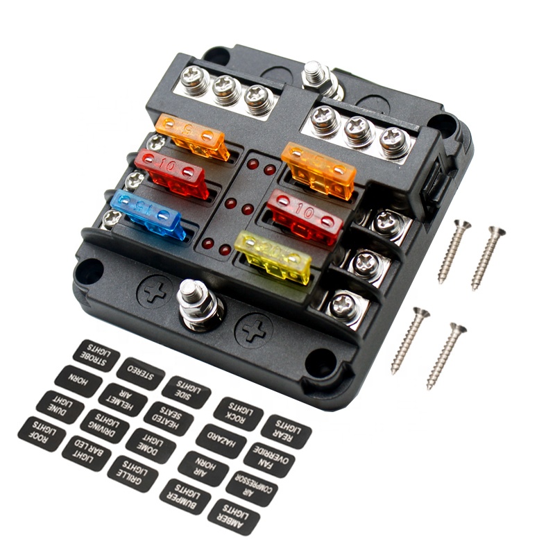 6-Way auto Car Fuse Holder Box Blade Fuse Block Screw Nut Terminal W/Negative Bus Free Fuses LED Indicator
