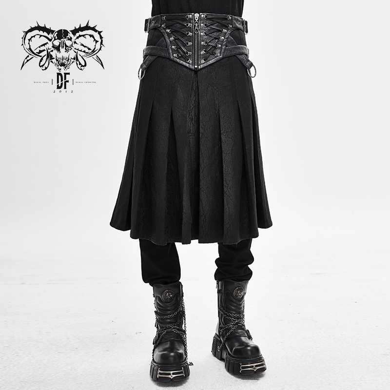 SKT108 band punk rock dark grain mist textured leather waist zipper up pleated men skirts