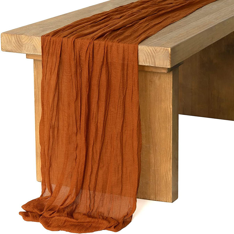 Hot Selling Wrinkle Gauze Terracotta Orange Table Runner Wedding Party Birthday Decoration Table Runner