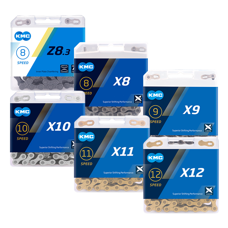 Цепь велосипедная KMC Chain X8, X9, X10, X11, X12, HV408, Z8.3, X8PL, Z9, X9L, X11EL, 116L/118L/126 звеньев, цепь велосипедная в коробке