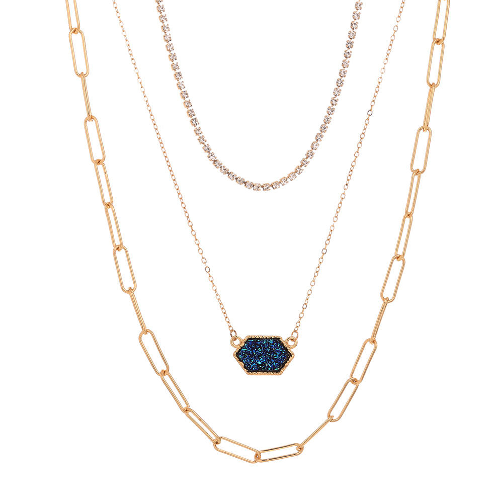 3 Layered DIY Detechable Diamond Chain Clip Chain Necklace Geometric Hexagon Blue Diamond Cluster Pendant Necklace