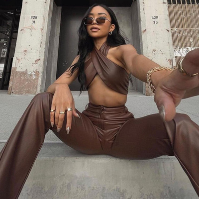 Customized front criss-cross cut out sleeveless legging leather women two pieces pants sets