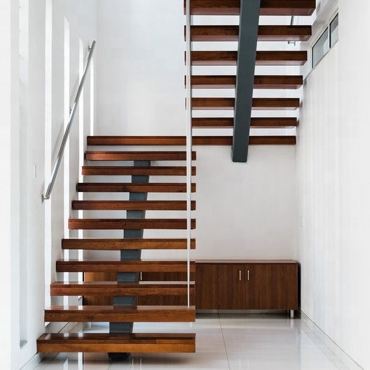 Modern design indoor straight glass railing LED staircase solid wood treads floating steel wood stairs
