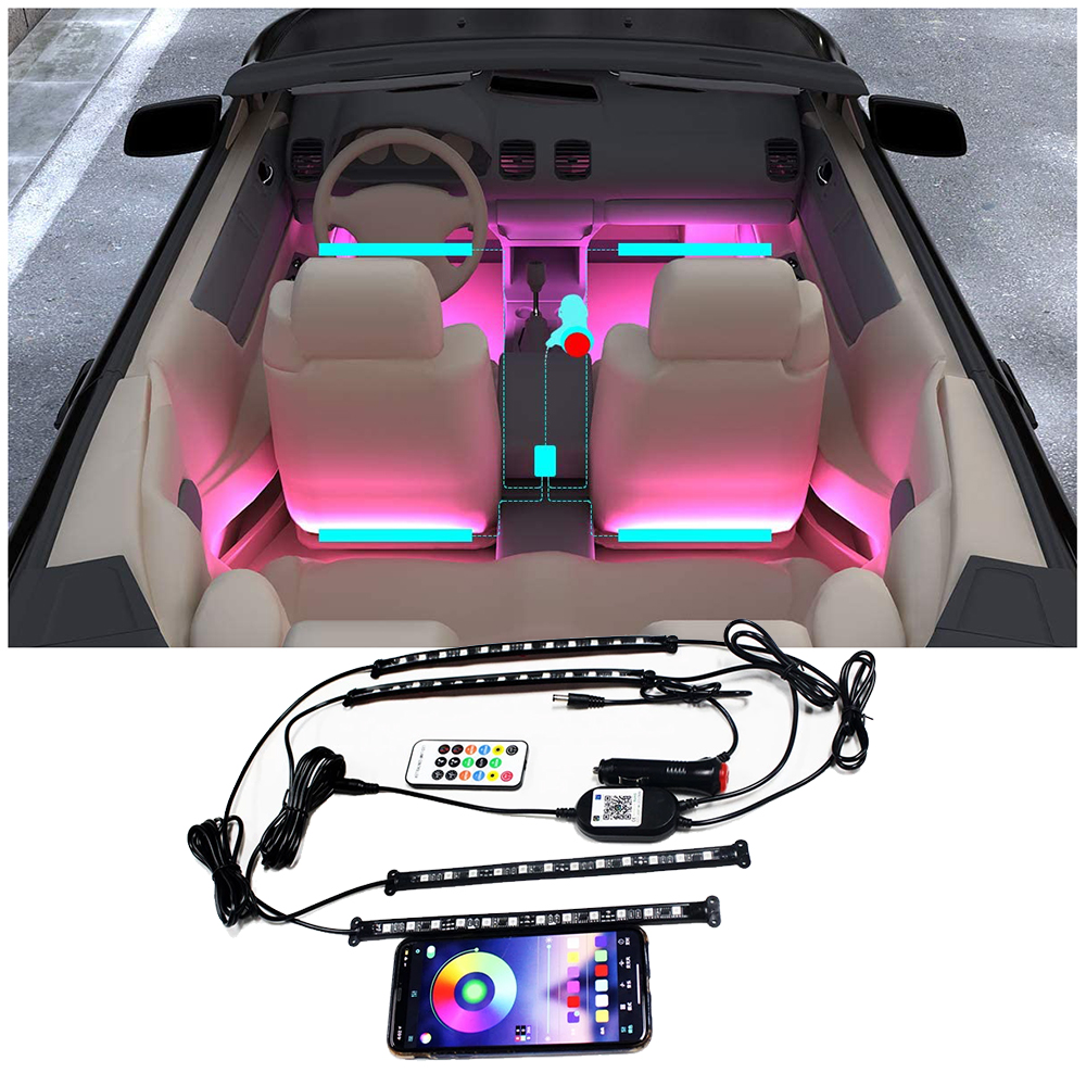 4cs IP67 20 см интерьер автомобиля огни, Bluetooth App музыка цветная (RGB) Светодиодная лампа автомобиля светодиодные полосы света с машинная Зажигалка для сигарет