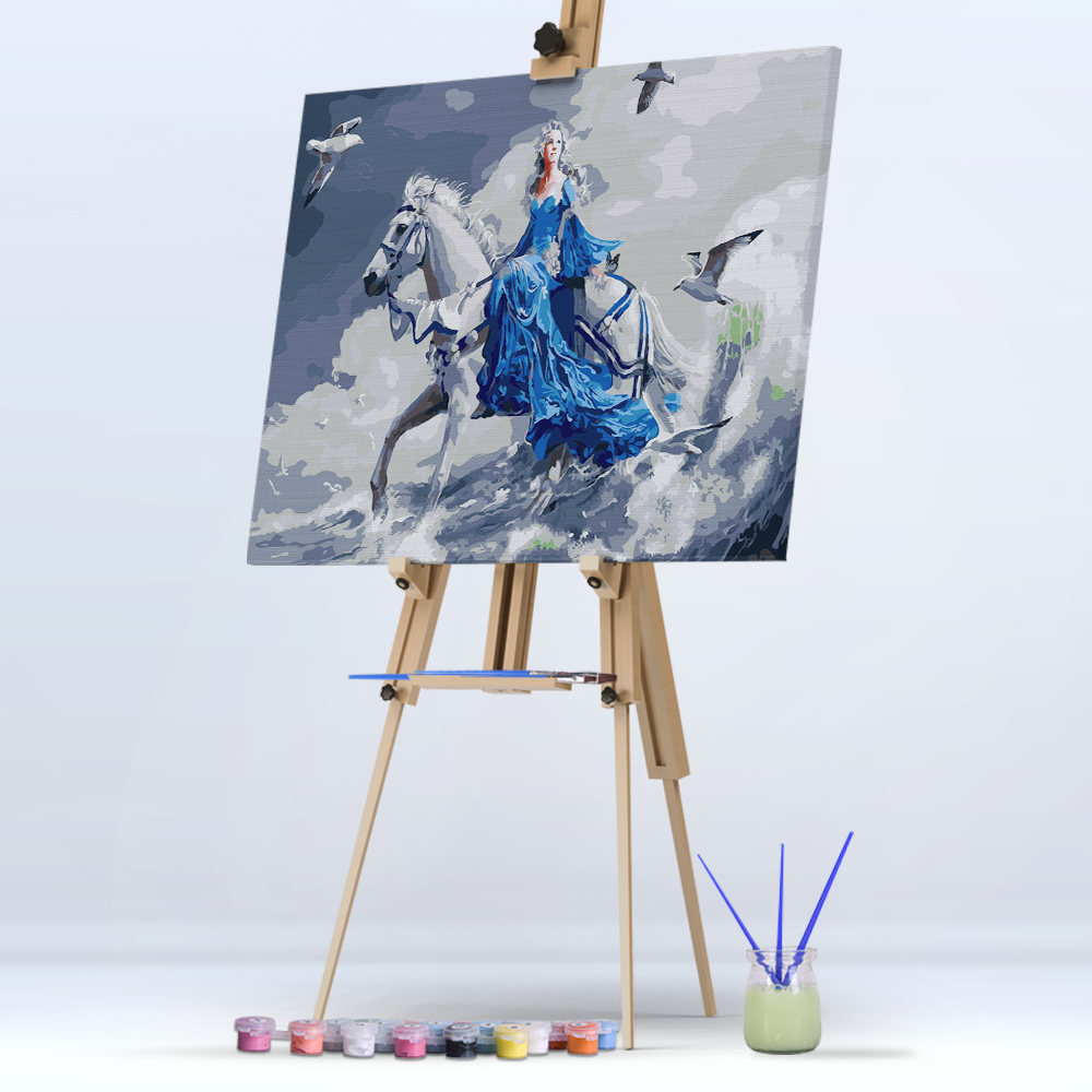 Woman in Blue Dress Riding White Horse Treading Waves DIY Acrylic Numbers Painting
