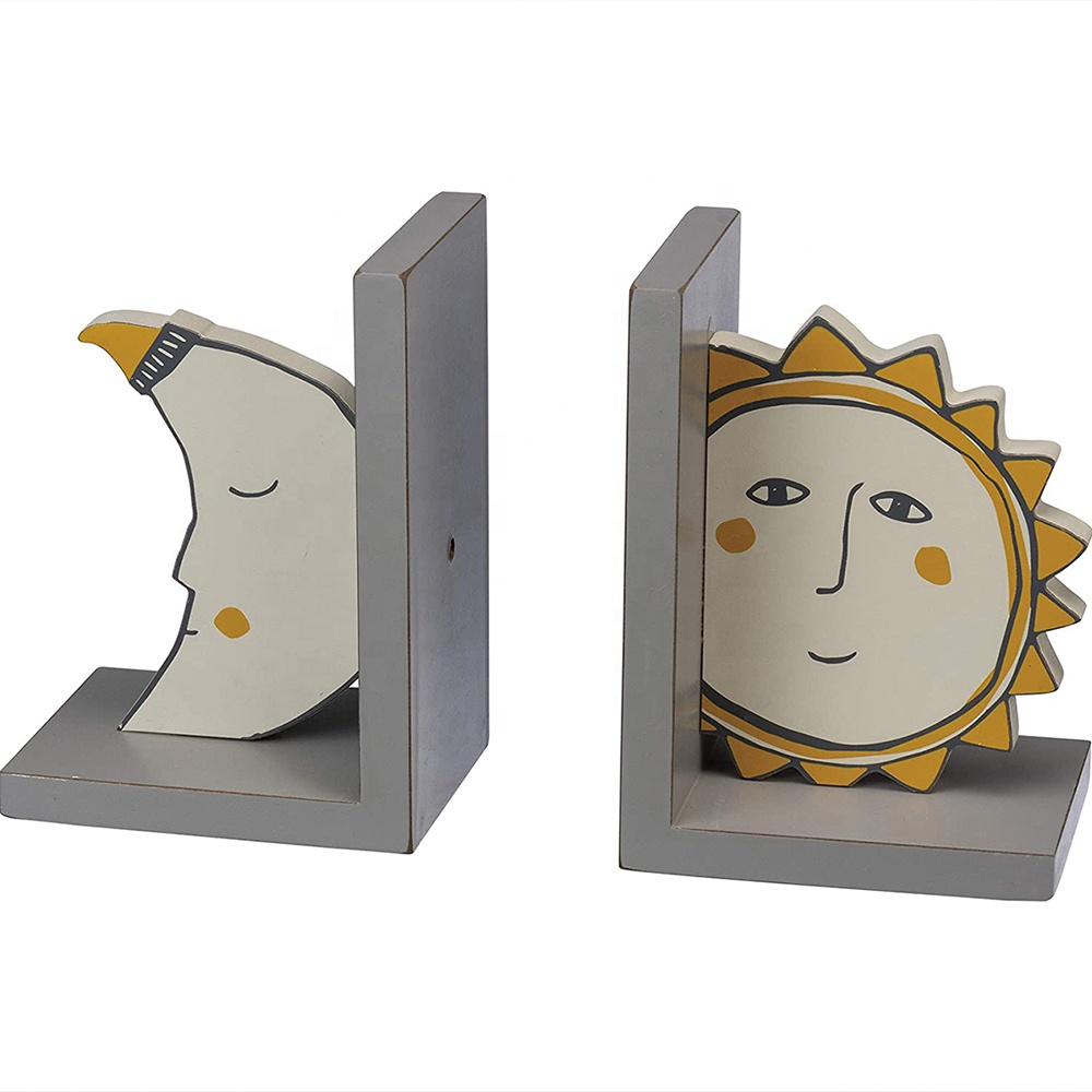 Rustic Wooden Baby Wood Bookends 5" Length x 7" Height x 4" Width, Sun and Moon