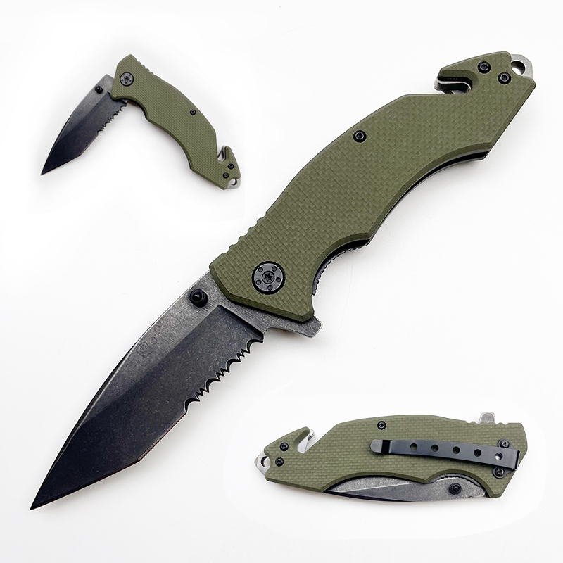 Stainless Steel G10 Handle Serrated Folding Knives Outdoor Survival Multifunctional Knife with Belt Cutter Glass Breaker