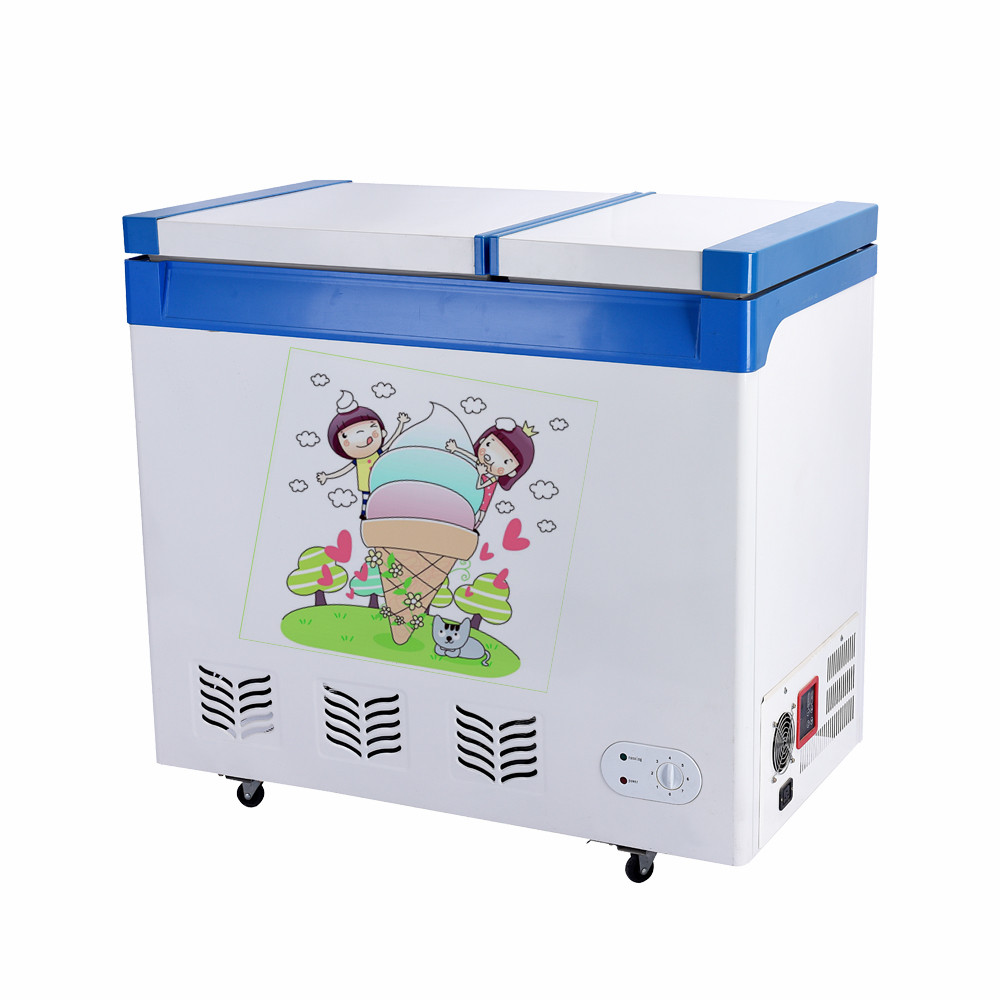 DC 12 V/24V Солнечный морозильник 100 мм Толщина пенопласта двойная дверь глубокий глубокое морозильное вместилище 218 литров
