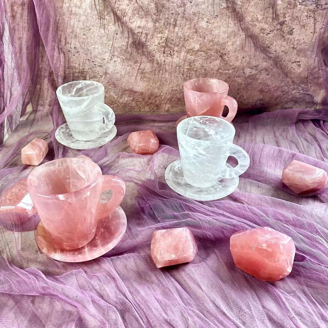 Hot sale natural healing stones hand carving folk crafts rose quartz cup crystal mugs for gifts