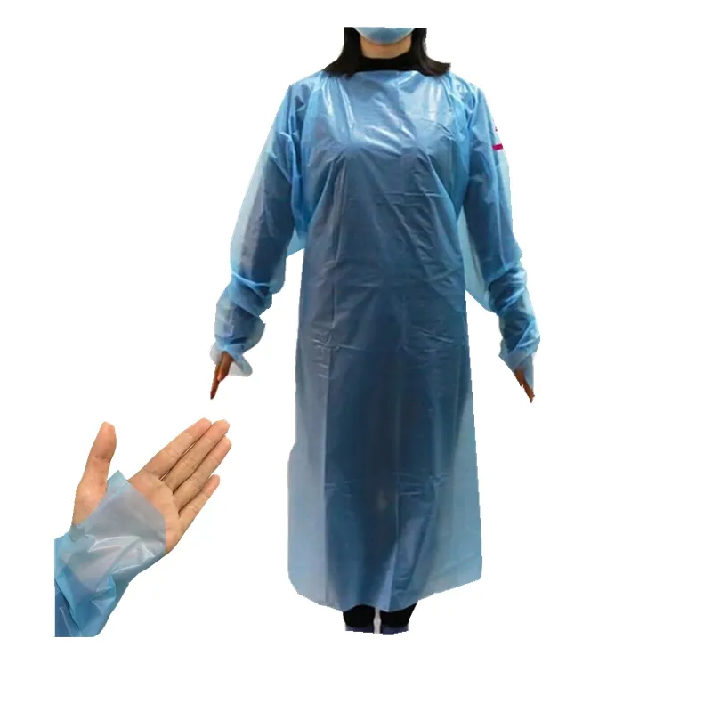 New Design Full Back PE gown with long sleeve Blue color waterproof disposable gown