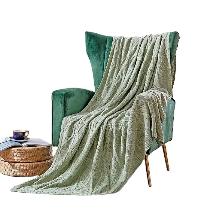 Knit Throw Blanket Sage Green Knitted Blanket for Couch Sofa Bed, Cozy & Soft Home Decorative Woven Knit Blanket, Queen Size