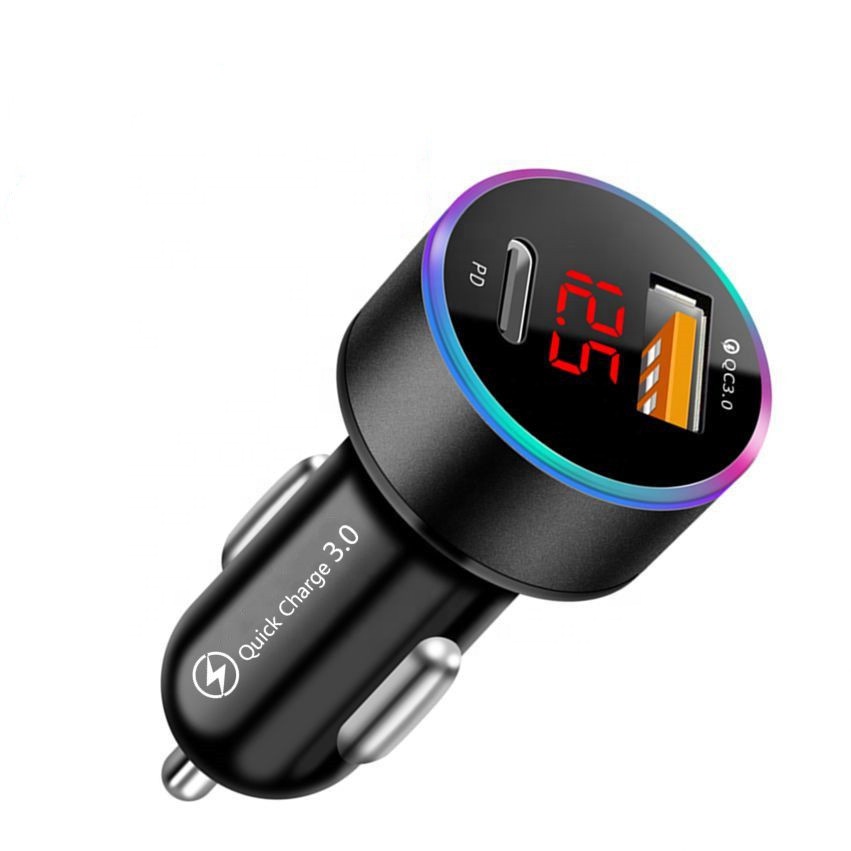 2021 New Design Dual Ports USB+Type-C Car Charger with QC3.0+PD Fast Charge for Mobile Phone Charging Suitable for Vehicles