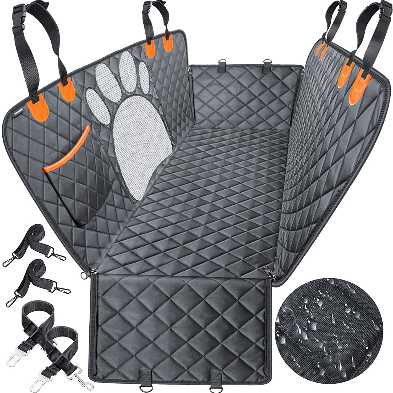 Washable Dog Back Seat Covers with Mesh Visual Window | Waterproof Pet Hammock for Cars Trucks and SUVs with Storage Pockets