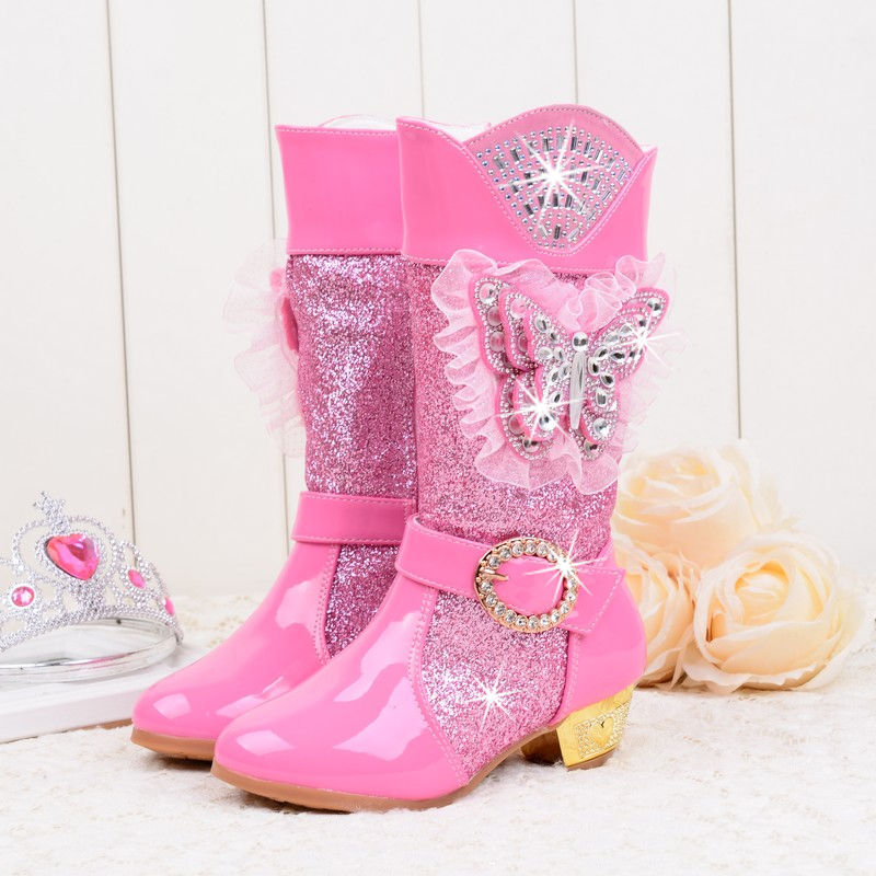 Botas Snow Frozen Elsa Crystal Flat Girl Boots Shoes Winter Outdoor Children Boots Glitter Winter Heel Boots For Kid