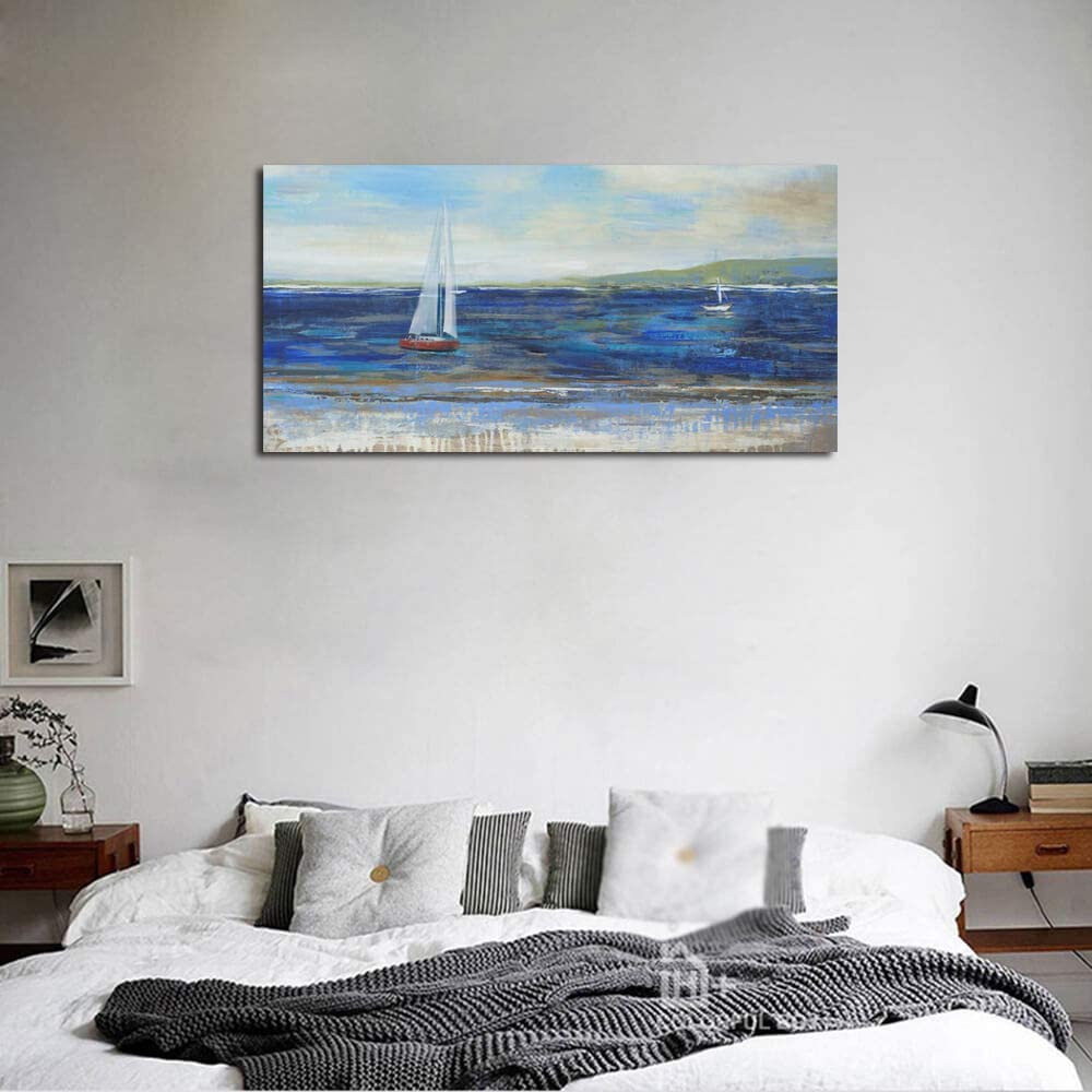 Canvas Wall Art Blue Abstract Seascape Painting Large Size One Panel Picture Prints, Modern Landscape Sail Boat in Ocean