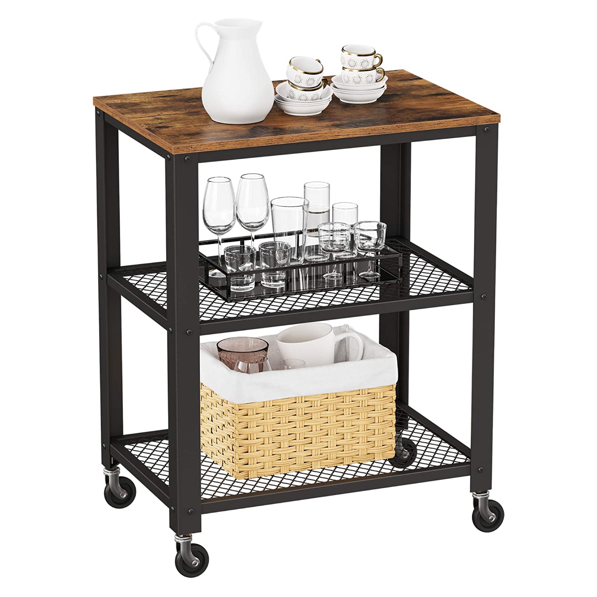 3-Tier Kitchen Racks Trolley Serving Bar Cart on Wheels with Storage Industrial Rustic Brown Organizer Living Room Furniture