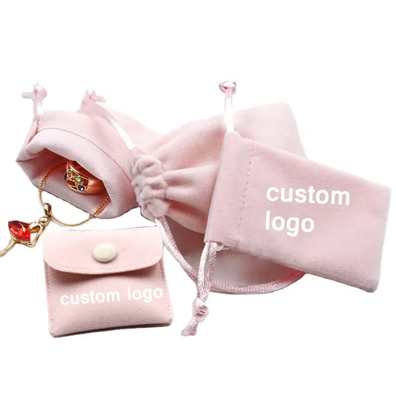Wholesale Luxury Custom Logo Microfiber Pink Gift Bag Ribbon Velvet Envelope Drawstring Flap Ring Jewelry Bag Pouch